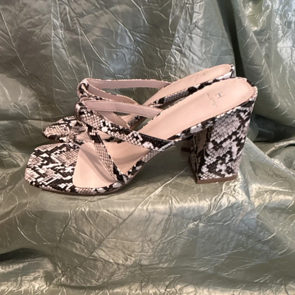 Halston Strappy Snake Print Block Heel Women's Sandals Black White US10